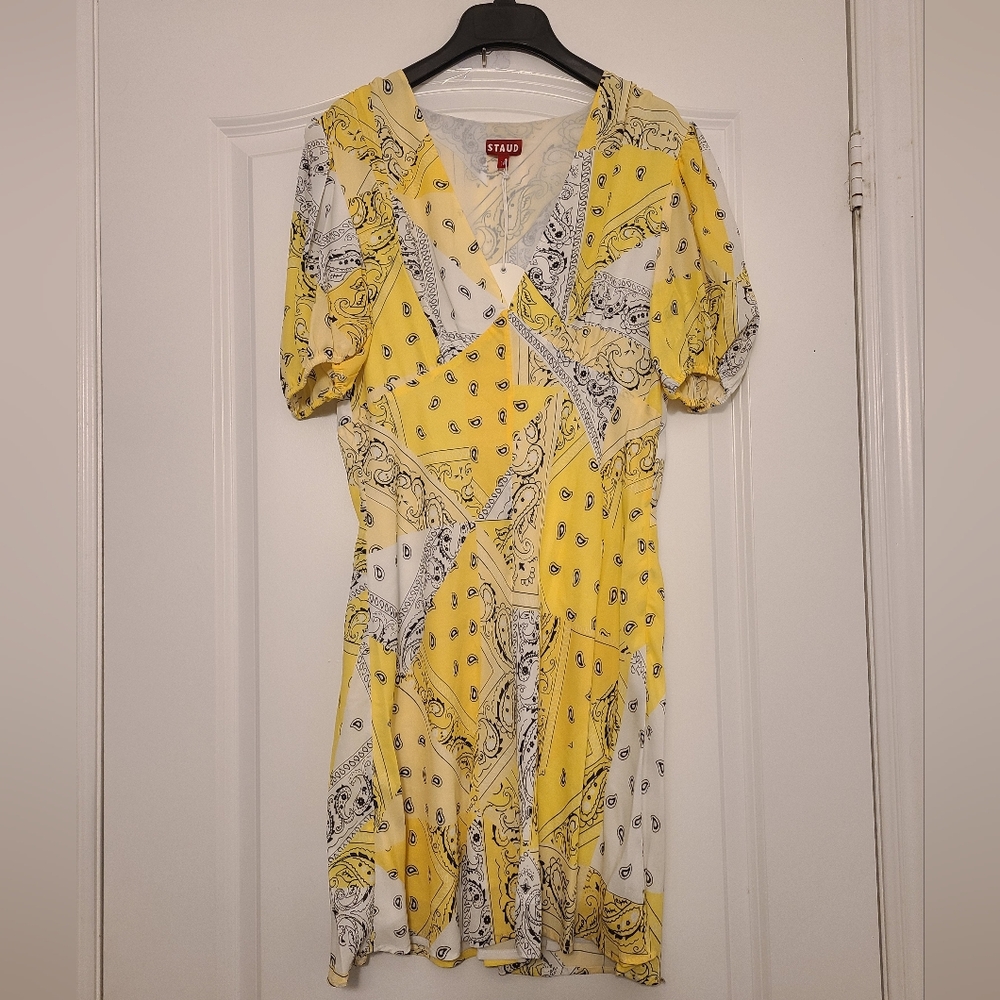 Staud Yellow and White Patchwork Bandan Patterned Dress Womens Size 10